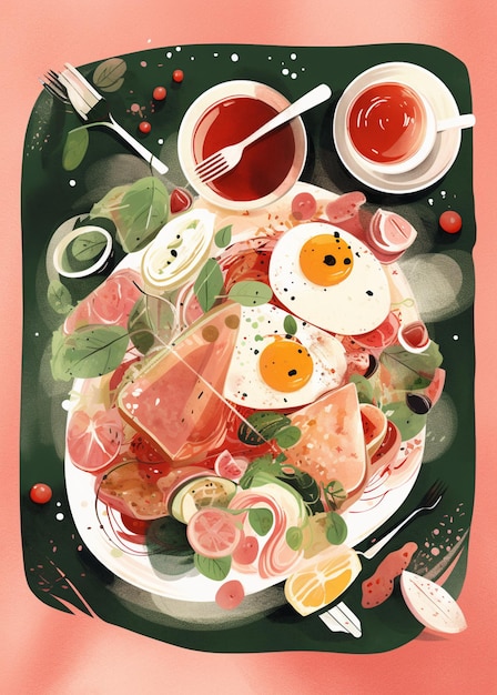 Une assiette de nourriture avec une image d'une assiette de nourriture avec une image d'une assiette de nourriture avec une fourchette et une bouteille de sauce.