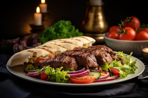 Une assiette de nourriture avec un kebab et une salade