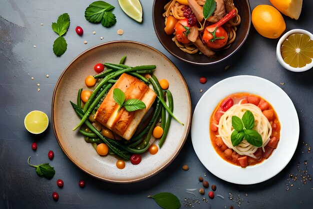 une assiette de nourriture avec des légumes et un bol de nourriture avec un citron et du persil.