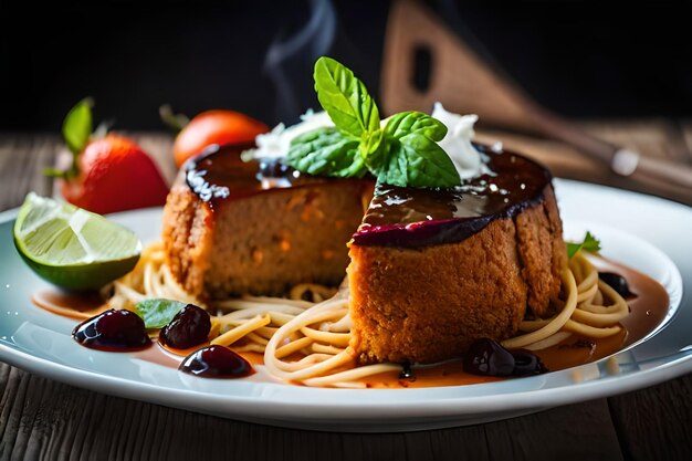 Une assiette de nourriture avec un morceau de gâteau dessus