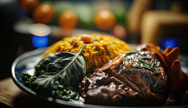 Une assiette de nourriture avec un morceau de viande dessus