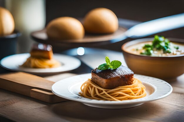 Une assiette de nourriture avec un morceau de viande dessus