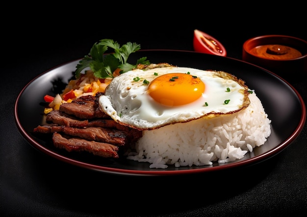 Une assiette de nourriture avec un œuf au plat dessus