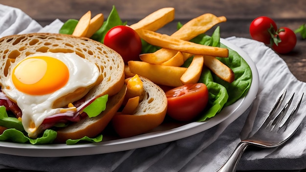 Une assiette de nourriture avec un œuf au plat dessus