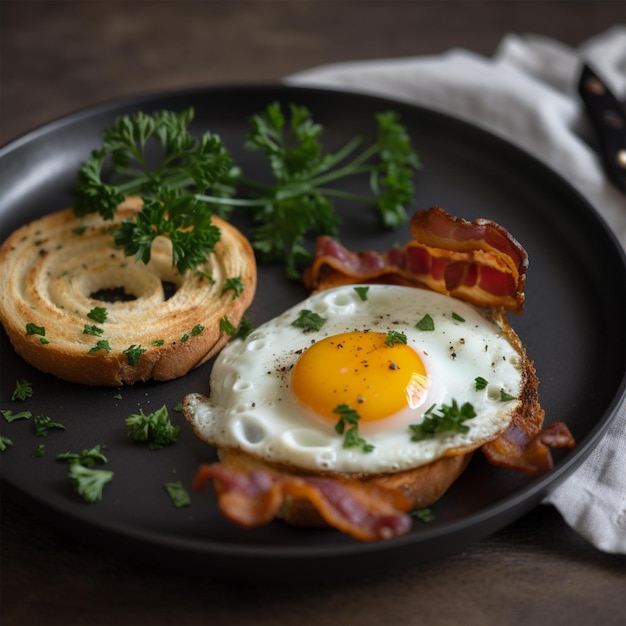 Une assiette de nourriture avec un œuf au plat et du bacon dessus.