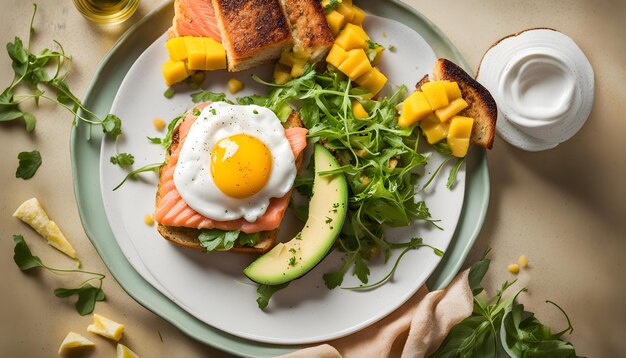 une assiette de nourriture avec un œuf frit et des légumes dessus