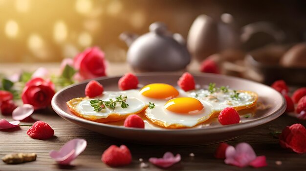 Photo une assiette de nourriture avec des œufs, des fraises et des fraises