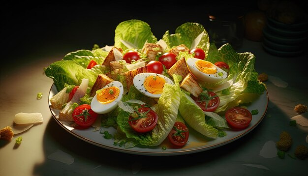 Photo une assiette de nourriture avec des œufs et de la laitue