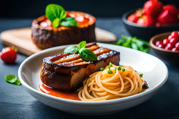 une assiette de nourriture avec des pâtes et une assiette de nourriture dessus.