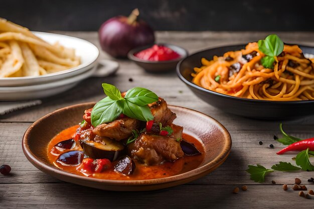 Une assiette de nourriture avec des pâtes et des légumes sur une table en bois