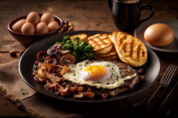 Une assiette de nourriture avec un petit-déjeuner dessus