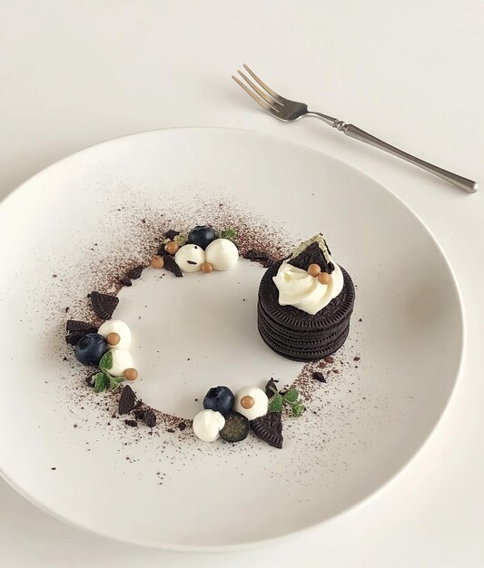 Une assiette de nourriture avec un petit dessert dessus et une fourchette sur la table.