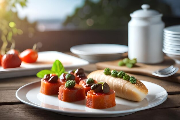 Une assiette de nourriture avec un petit pain et un sandwich dessus