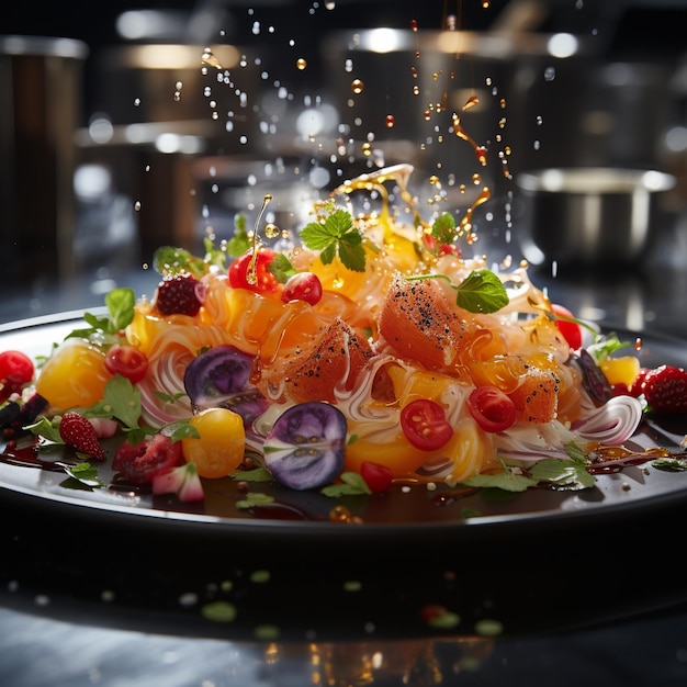 Une assiette de nourriture avec un peu d'eau dessus