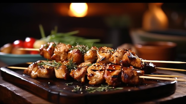 Une assiette de nourriture avec une photo de brochettes de poulet dessus