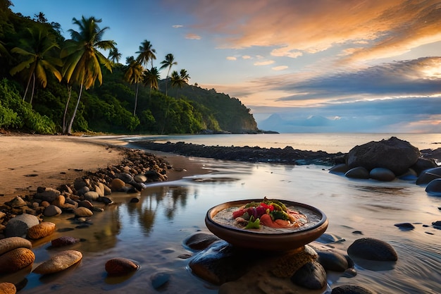 Une assiette de nourriture sur une plage avec un coucher de soleil en arrière-plan