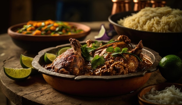 Une assiette de nourriture avec un plat de poulet et de riz