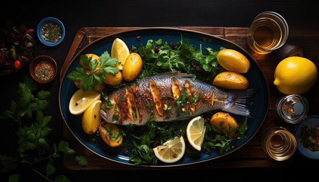 Photo une assiette de nourriture avec un poisson et des citrons dessus