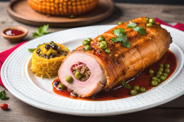 Une assiette de nourriture avec une poitrine de porc dessus