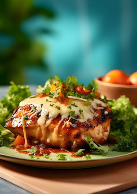 Une assiette de nourriture avec une poitrine de poulet et un bol de tomates sur le côté.