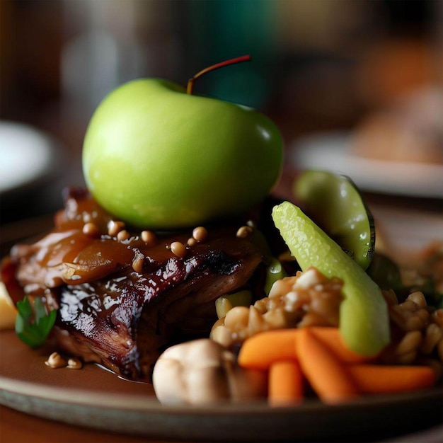 Photo une assiette de nourriture avec une pomme verte dessus