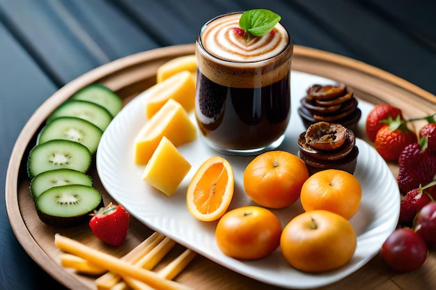 une assiette de nourriture avec un pot de pudding au chocolat et des fruits dessus.