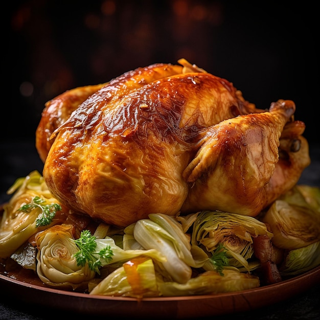 Une assiette de nourriture avec un poulet dessus et du chou sur le côté.
