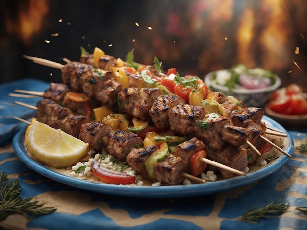 une assiette de nourriture qui comprend des kebabs et du citron.