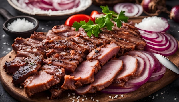 une assiette de nourriture qui a un tas de viande tranchée sur elle