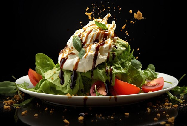 Photo une assiette de nourriture avec une salade et une crêpe dessus