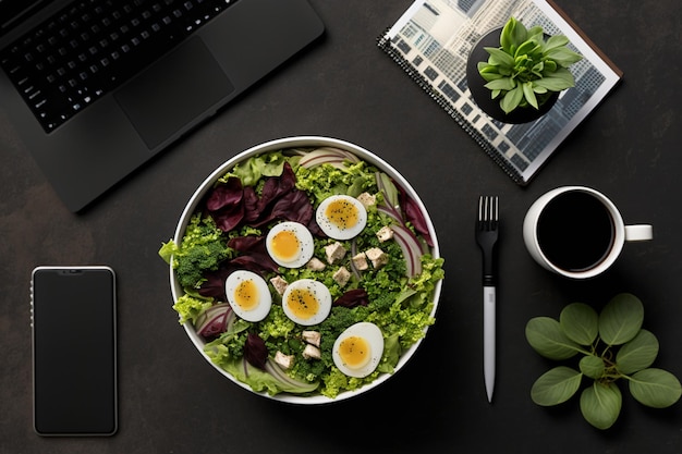 Une assiette de nourriture avec une salade dessus et un ordinateur portable sur la table.