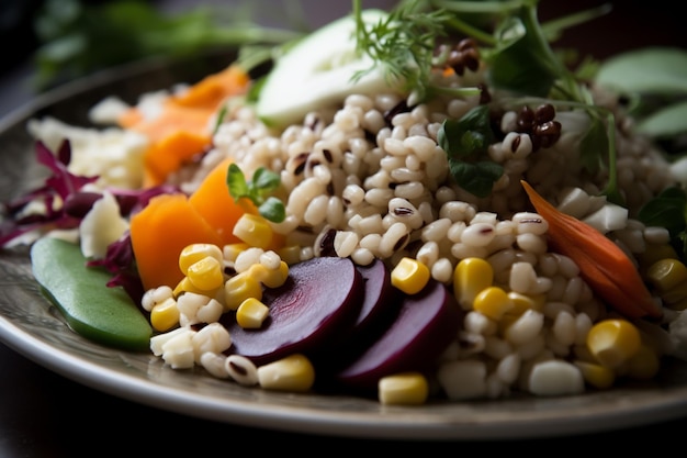 Une assiette de nourriture avec une salade dessus