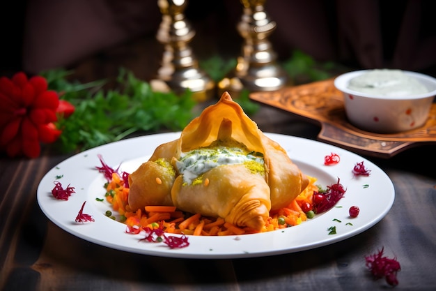 Une assiette de nourriture avec un samosa frit dessus