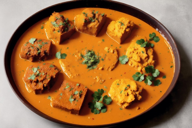 Une assiette de nourriture avec une sauce au curry rouge et une assiette de masala.