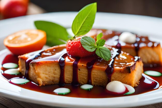 une assiette de nourriture avec une sauce aux fraises et au chocolat dessus