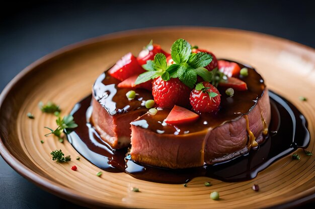 Une assiette de nourriture avec une sauce aux fraises dessus