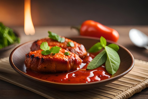 Une assiette de nourriture avec une sauce rouge dessus et un poivron rouge à côté.