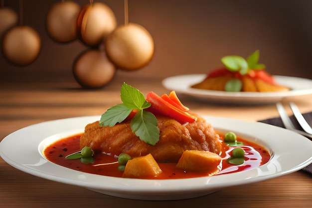 Une assiette de nourriture avec une sauce rouge et un légume vert sur le dessus.