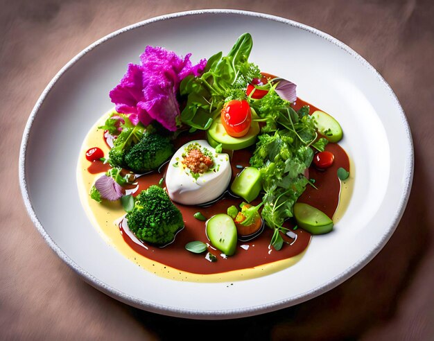 Une assiette de nourriture avec une sauce rouge et des légumes