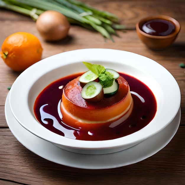 Photo une assiette de nourriture avec une sauce rouge et un morceau de concombre dessus