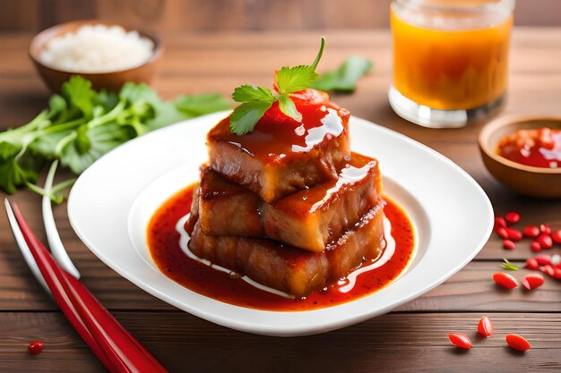 une assiette de nourriture avec une sauce rouge et un verre de jus.