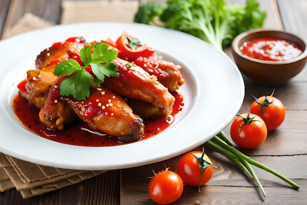 Une assiette de nourriture avec sauce et tomates sur la table