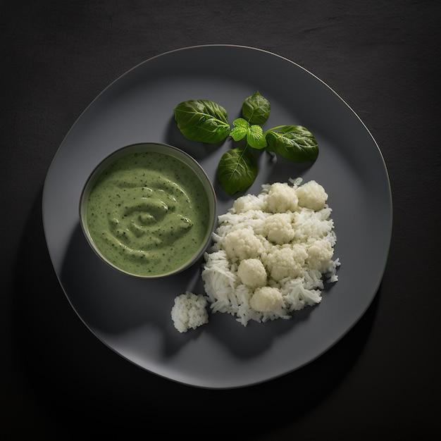 Une assiette de nourriture avec une sauce verte et un bol de riz.