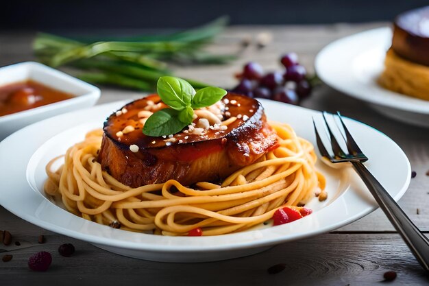 Une assiette de nourriture avec des saucisses, des champignons et du basilic.