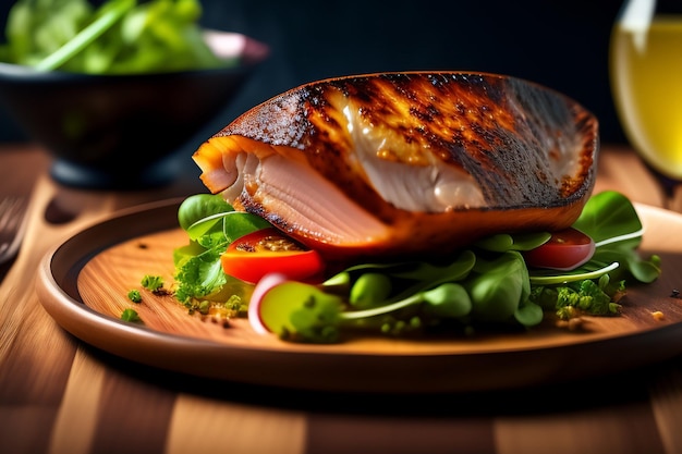 Une assiette de nourriture avec un saumon grillé dessus
