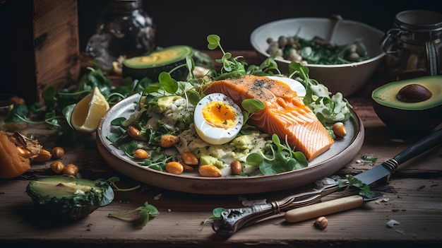 Une assiette de nourriture avec un saumon et un œuf dessus