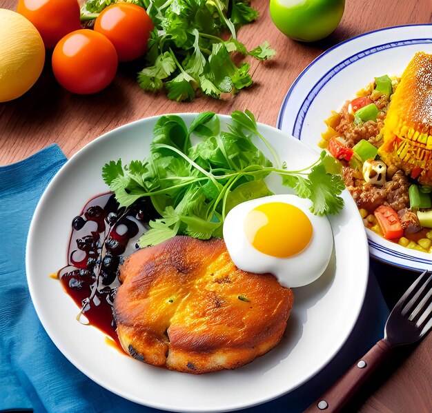 Une assiette de nourriture avec une serviette bleue à côté et une assiette de nourriture avec un œuf frit dessus.