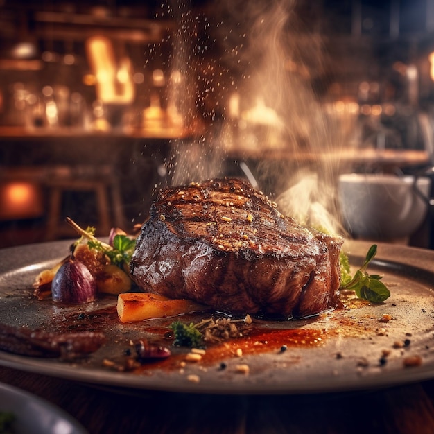 Une assiette de nourriture avec un steak dessus et une fumée qui en sort.