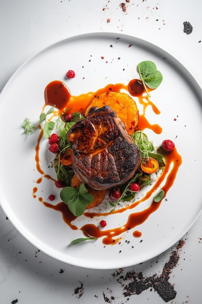 Une assiette de nourriture avec un steak et des légumes dessus