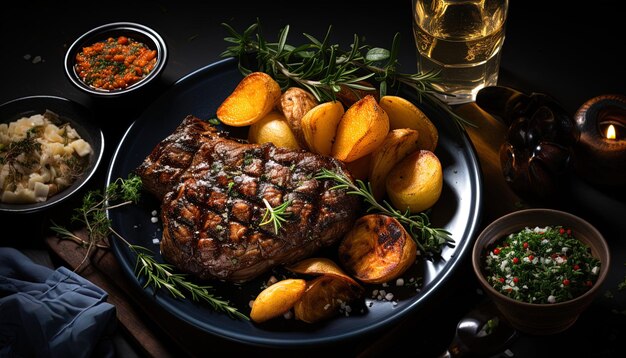 une assiette de nourriture avec un steak et des pommes de terre dessus